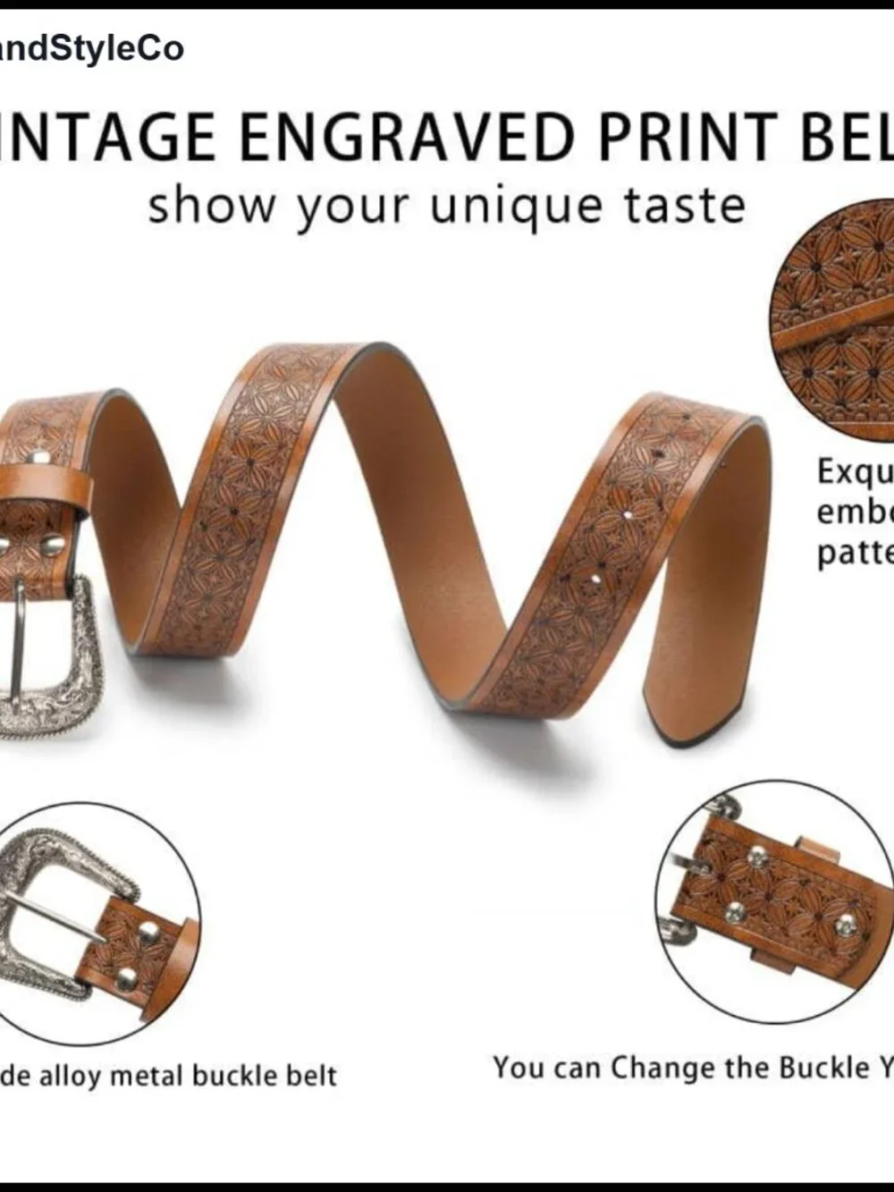 Women Western Cowgirl PU Leather Belt Vintage Carved Buckle